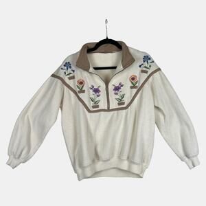 Vintage Floral Embroidered Sweatshirt Cottage Prairie Zip Large